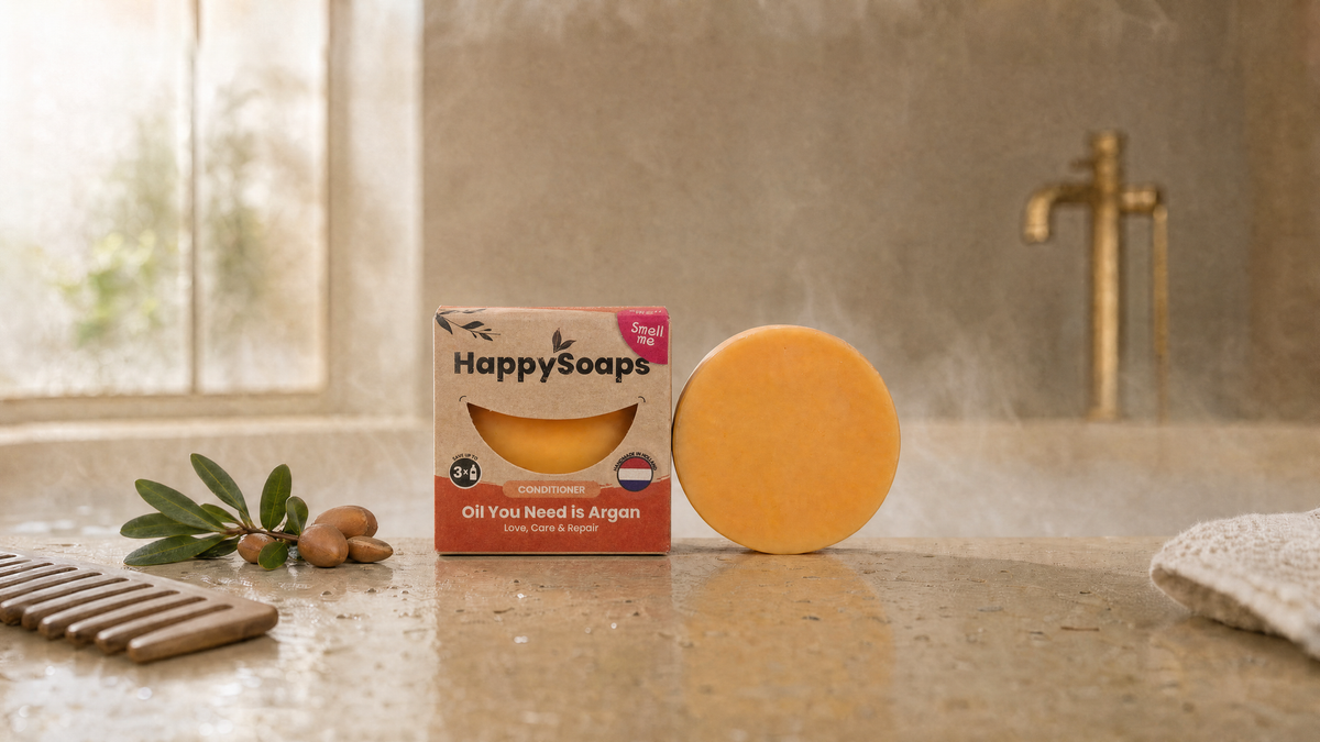 HappySoaps Conditioner Bar Oil You Need is Argan in de badkamer, doosje en bar op natuursteen