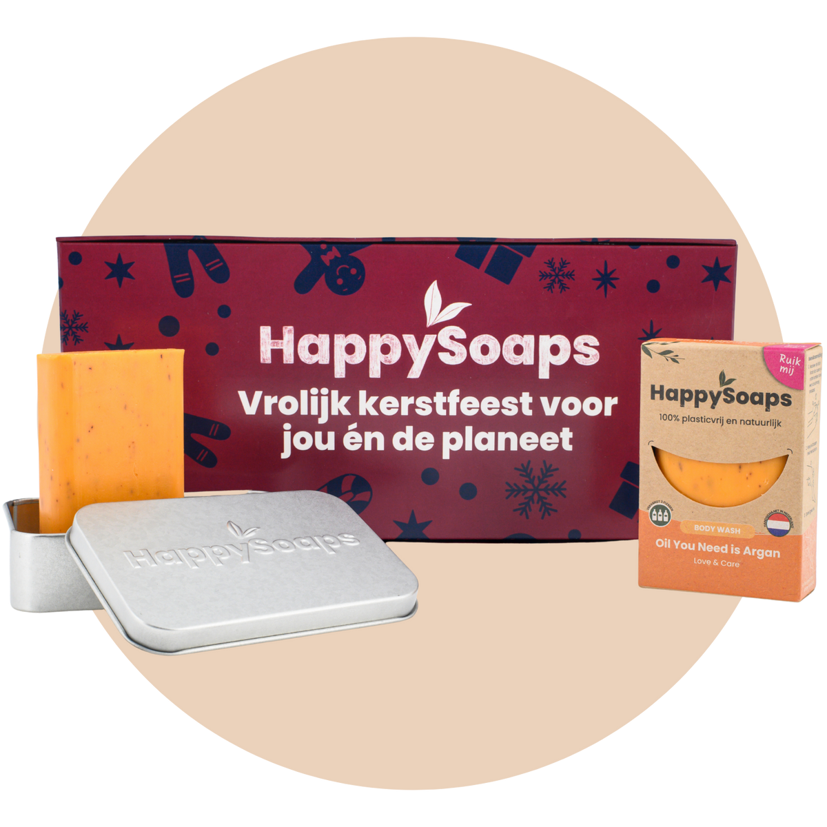 Kerst Cadeau Giftbox van HappySoaps met de oranje Body Wash Bar Oil You Need is Argan en het rechthoekige reisblikje