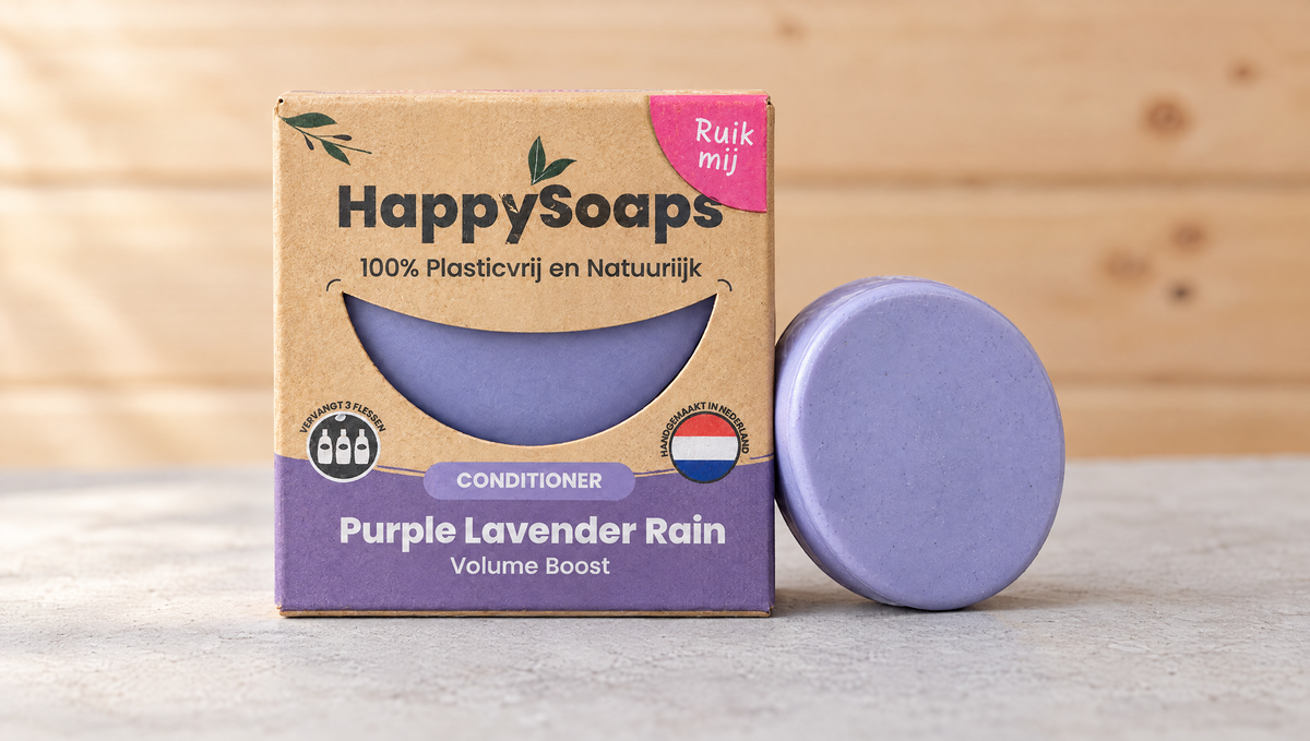 HappySoaps Conditioner Bar Purple Lavender Rain doos en bar op hout