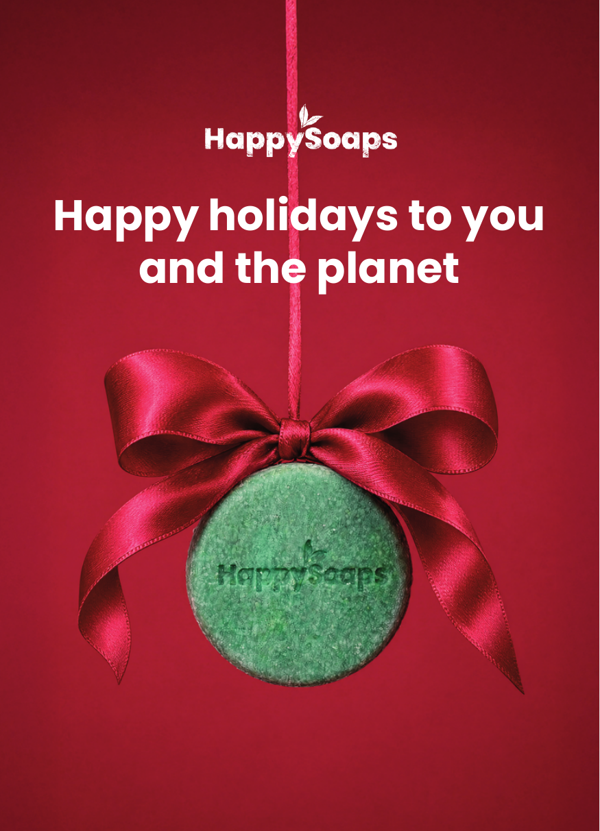 Kerstkaart HappySoaps voorkant: Happy holidays to you and the planet