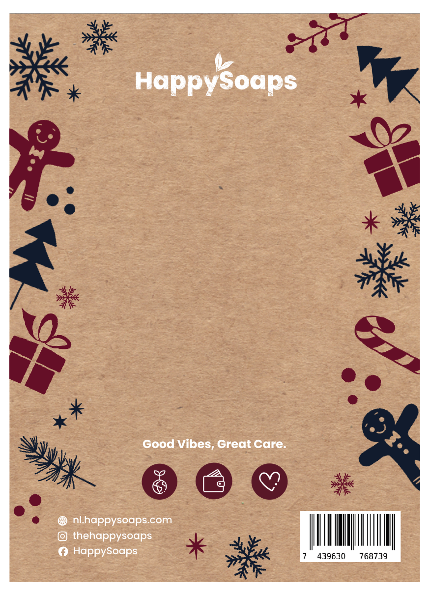 Kerstkaart HappySoaps achterkant met kerstillustraties