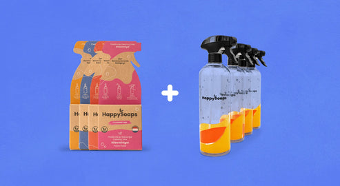 Bundel met 4 Cleaning Tabs naar keuze en 4 Flessen van Gerecycled Plastic, HappySoaps NL